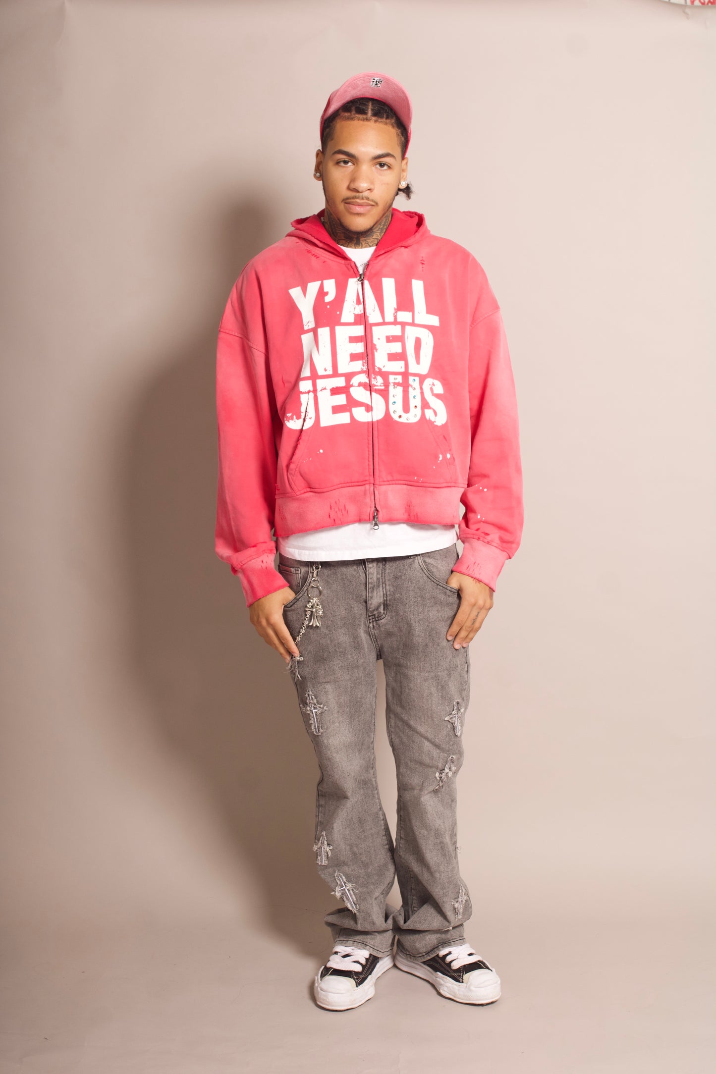 "Pink" Distressed Zip-Up