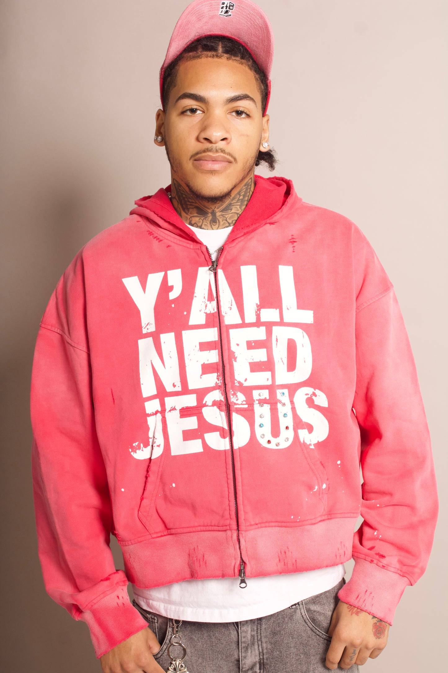 "Pink" Distressed Zip-Up