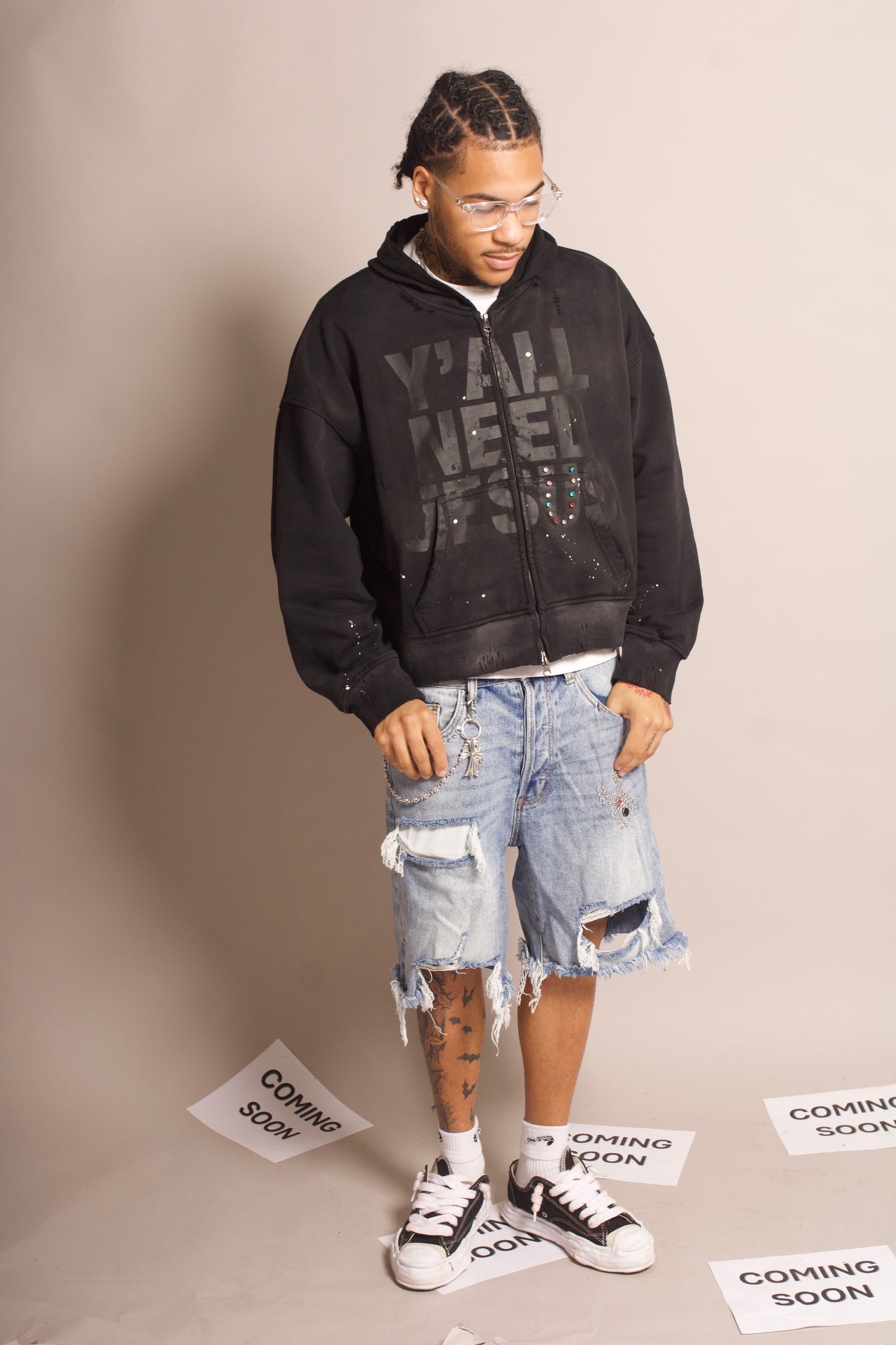 "Black" Distressed Zip-Up